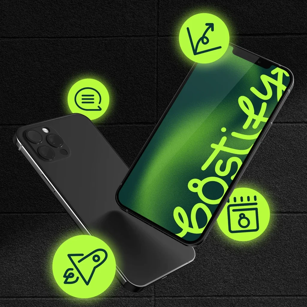 Grafika z telefonem i neonowymi ikonami.