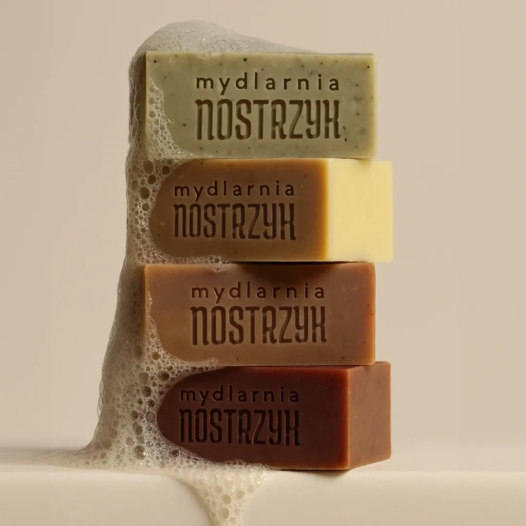 Stos mydeł w kostce z napisem „Mydlarnia Nostrzyk”