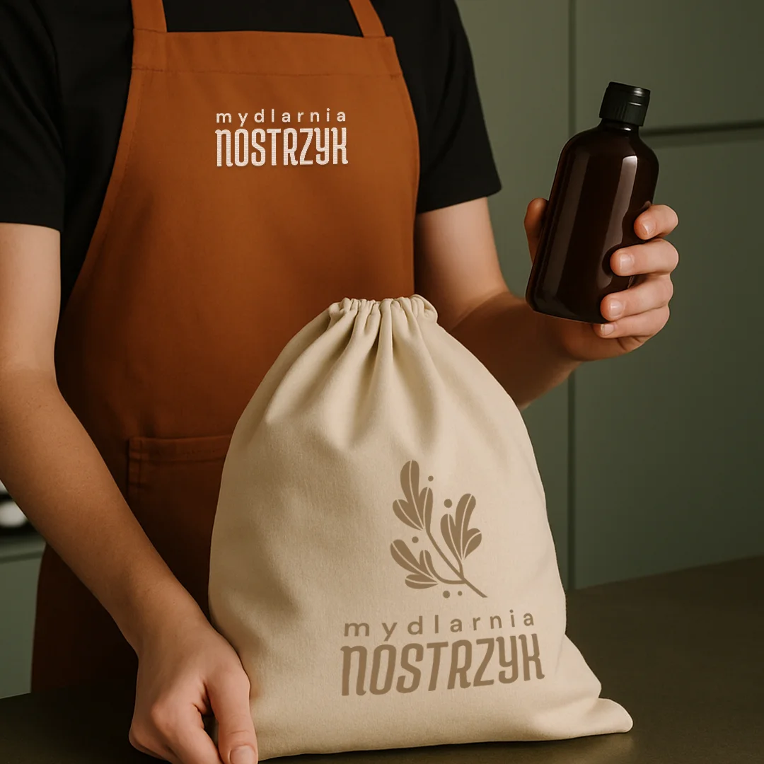 Osoba w brązowym fartuchu z kosmetykami i torbą materiałową